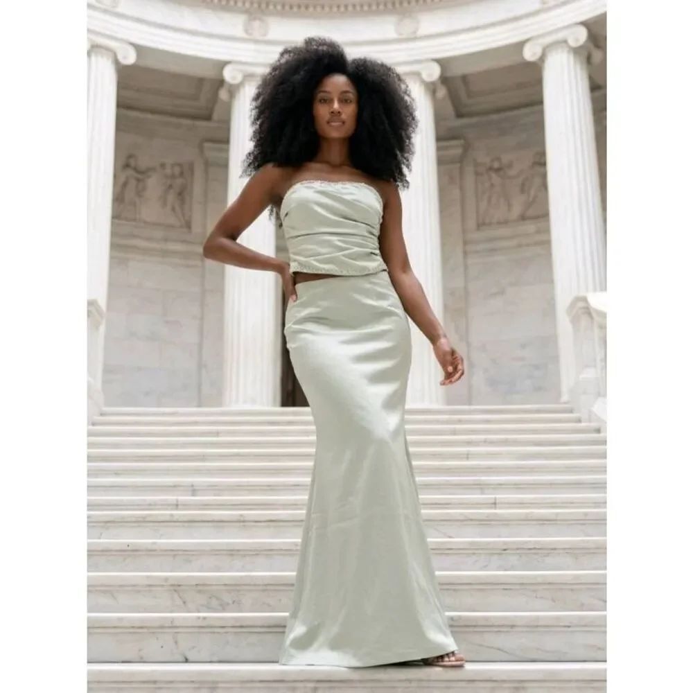 🍑Vintage Impression Pistachio Silk Formal Sleeveless Two Piece Dress Size 10